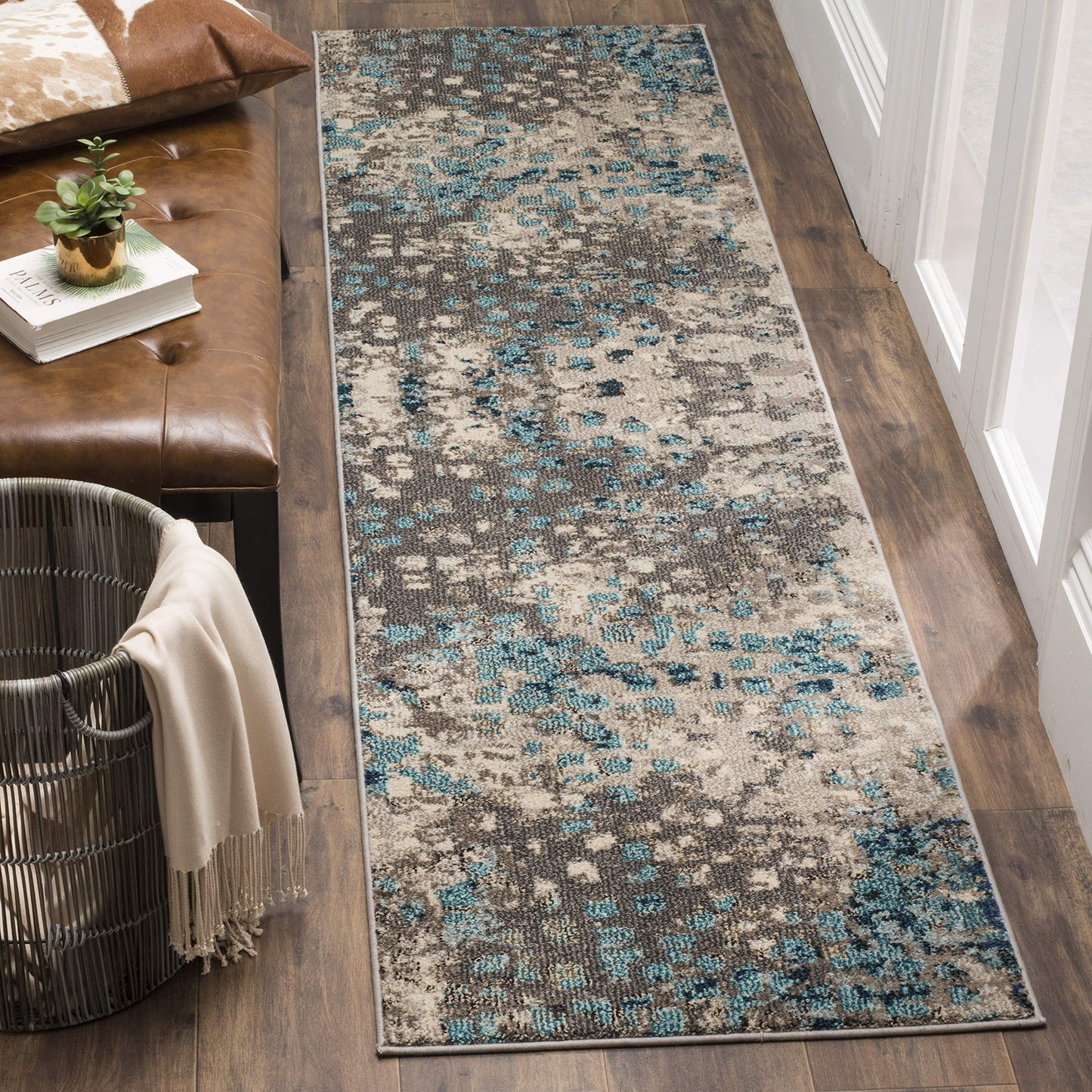 SAFAVIEH Monaco Collection Runner Rug - 2'2" x 8', Grey & Light Blue, Boho Chic Abstract Watercolor Design, Non-Shedding & Easy Care, Ideal for High Traffic Areas in Living Room, Bedroom (MNC225E)