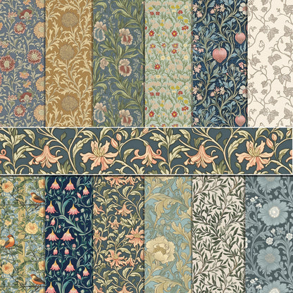 24 Sheets William Morris Pattern Paper 12'' x 12'' William Morris Floral Scrapbook Paper Vines and Flower Patterned Double-Sided Cardstock Pack for Scrapbooking Background DIY Card Making Origami