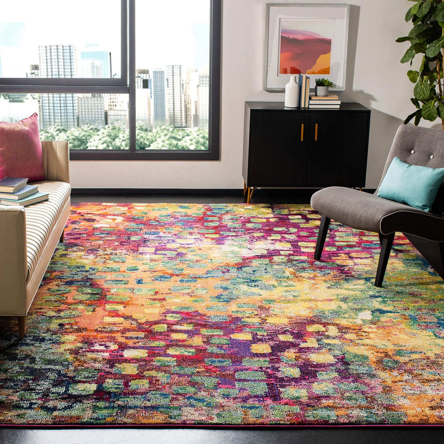 SAFAVIEH Monaco Collection Area Rug - 8' x 10', Pink & Multi, Boho Chic Abstract Watercolor Design, Non-Shedding & Easy Care, Ideal for High Traffic Areas in Living Room, Bedroom (MNC225D)