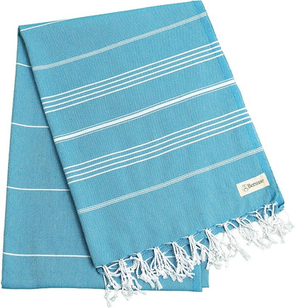 Bersuse Towels Anatolia XL Beach Blanket Throw Blanket Turkish Towel 100% Cotton Extra-Large Quick-Dry Lightweight Premium Peshtemal Towel - 61x82 Inches, Sea Blue