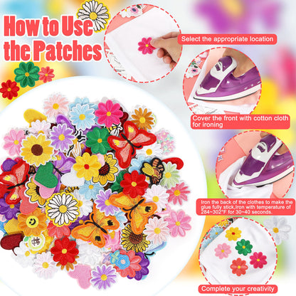 NICEVINYL Random Iron on Patches for Clothing: 120PCS Flower Heart Patch Iron on Cute Butterfly Embroidered Sew Applique Repair Patches for Jeans Jackets Backpacks