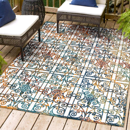 JONATHAN Y Ornate Trellis Indoor Outdoor Area Rug 3X5 Cream/Blue/Orange, Cetara for Backyard, Patio, Porch, Easy-Cleaning, High Traffic, Pet-Friendly, Non-Shedding (AMC111A-3)