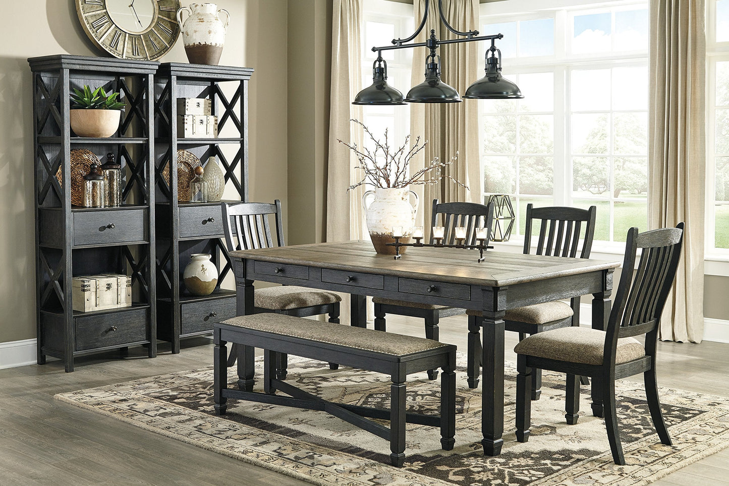 Signature Design by Ashley Tyler Creek Farmhouse Upholstered Dining Room Bench with Tapered Legs, Heavy Woven Fabric, Wood, 19.5" High Seat, Black & Gray