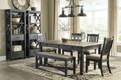 Signature Design by Ashley Tyler Creek Farmhouse Upholstered Dining Room Bench with Tapered Legs, Heavy Woven Fabric, Wood, 19.5" High Seat, Black & Gray