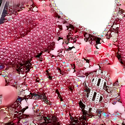 Gehaiwo Pink Junk Case Charms Kit, Junks Phone Cases with Rhinestone Accessories and Full Diamond Bow Lips Dollar Sign Pom Resin Kits Mirror with DIY Phones Decorations