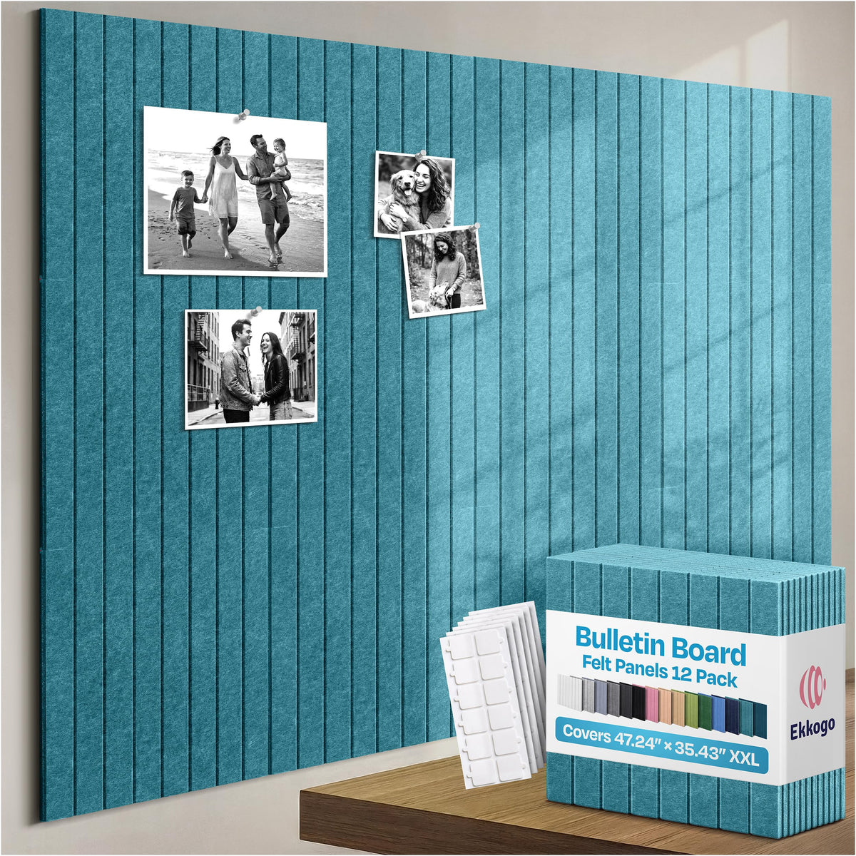 Ekkogo X-Large Cork Board Alternative 12-Pack Felt Bulletin Board Thick and Decorative Pin Board for Home Office Walls 47.24 x 35.43 Inches with 72 Adhesive Tabs - [Light Turquoise]