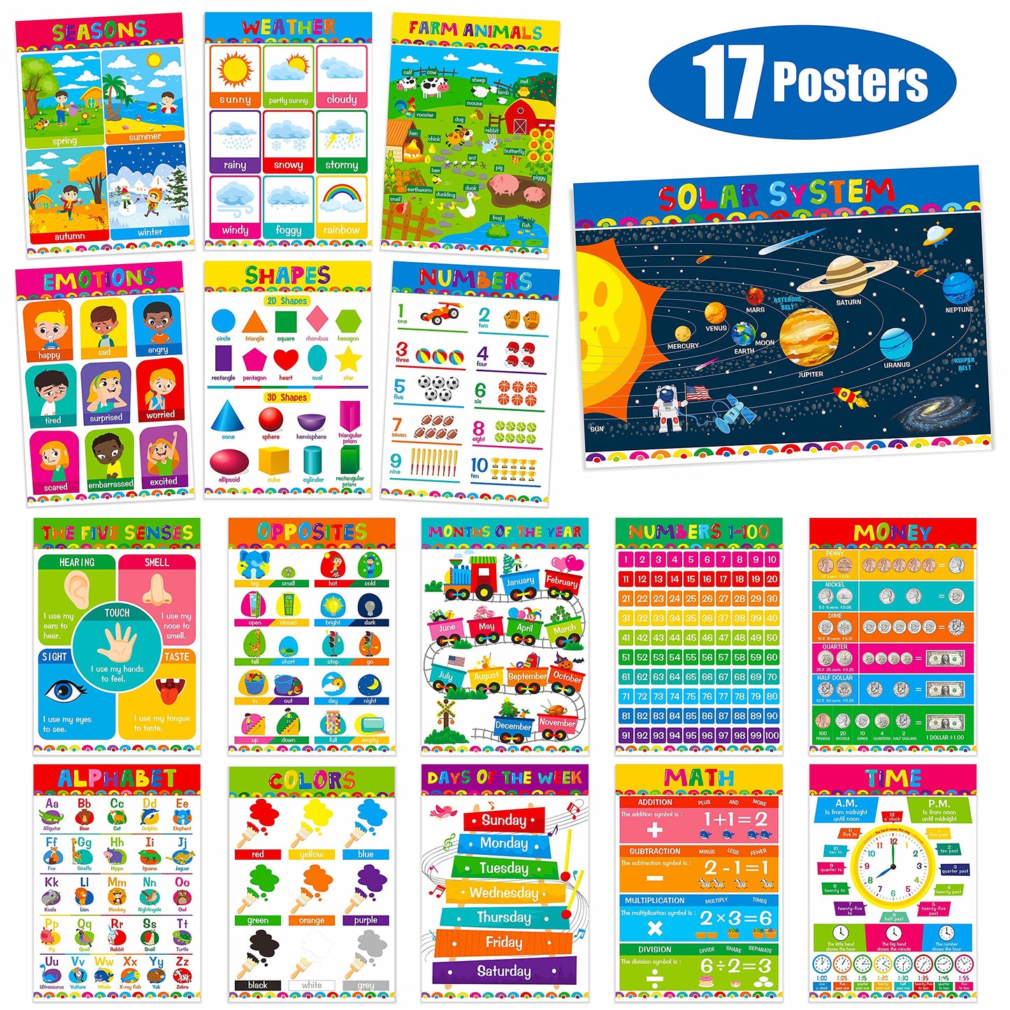 Gethelud 17 Packs Educational Poster, PET Film Covered Preschool Learning Tools for Nursery Kindergarten Toddlers