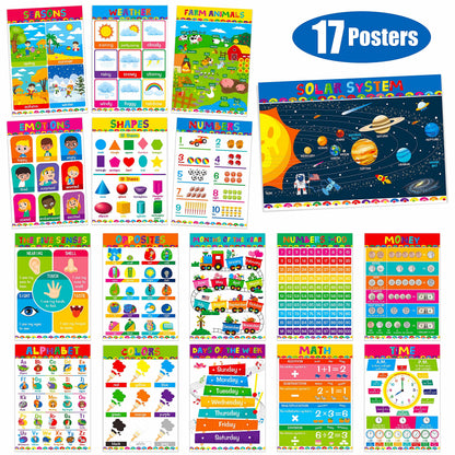 Gethelud 17 Packs Educational Poster, PET Film Covered Preschool Learning Tools for Nursery Kindergarten Toddlers