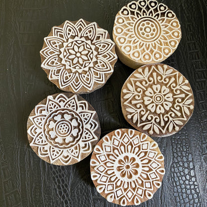 AnNafi® Traditional Mehendi Pattern Mandala and Round Wood Block Stamps (Set of 5) | Round Wooden Printing Block Stamp - DIY Henna Fabric Textile Paper Clay Pottery Block Printing Stamp
