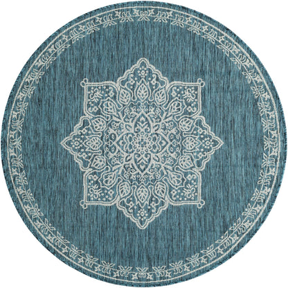 Unique Loom Outdoor Traditional Collection Area Rug - Antique (5' 3" Round Teal/Ivory)