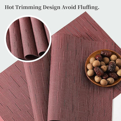Leetaltree Burgundy Placemats Set of 4 - Heat Resistant Non-Slip Place mats for Dining Table, Washable Durable PVC Vinyl Woven Table Mats（Burgundy, 4）