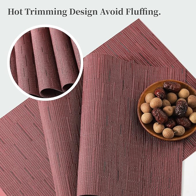 Leetaltree Burgundy Placemats Set of 6 - Heat Resistant Non-Slip Place mats for Dining Table, Washable Durable PVC Vinyl Woven Table Mats（Burgundy, 6）