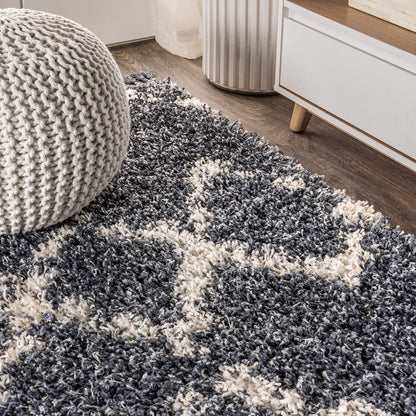 JONATHAN Y Mercer Shag Plush Tassel Blue/Cream Indoor Area Rug, 8x10, Moroccan Geometric Trellis, Contemporary, Easy-Cleaning for Living Room, Bedroom, Kitchen, Pet Friendly, Non-Shedding (MCR102A-8)
