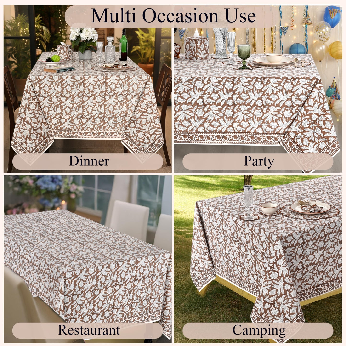 Ridhi Oak Brown Hand Block Print Cotton Rectangle Tablecloth 102" x 48" inches Reusable Table Cover Decorative Everyday Use for Dining Room, Farmhouse, Home Gift for Spring, Mother's Day