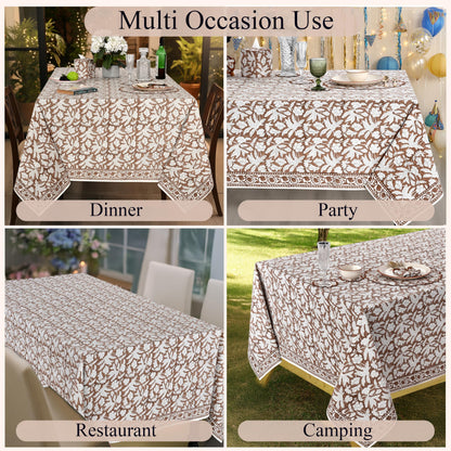 Ridhi Oak Brown Hand Block Print Cotton Rectangle Tablecloth 102" x 48" inches Reusable Table Cover Decorative Everyday Use for Dining Room, Farmhouse, Home Gift for Spring, Mother's Day