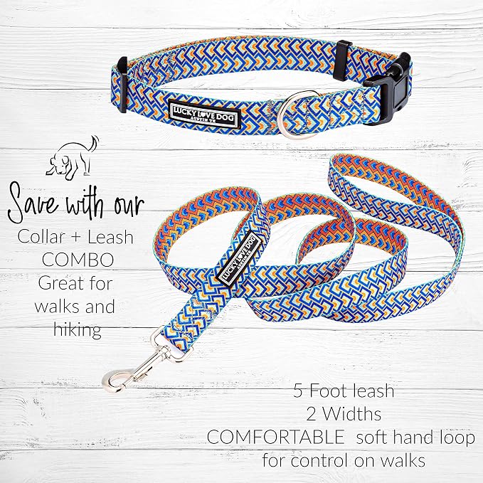 Lucky Love Dog, Bold Matching Dog Collar and Leash Set, Soft & Adjustable, Geometric Pattern Collar and Leash for Male Female Dogs - (Large, Murphy Combo)