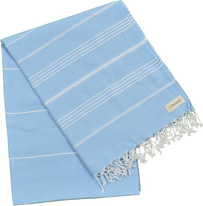 Bersuse Towels Anatolia XL Beach Blanket Throw Blanket Turkish Towel 100% Cotton Extra-Large Quick-Dry Lightweight Premium Peshtemal Towel - 61x82 Inches, Blue