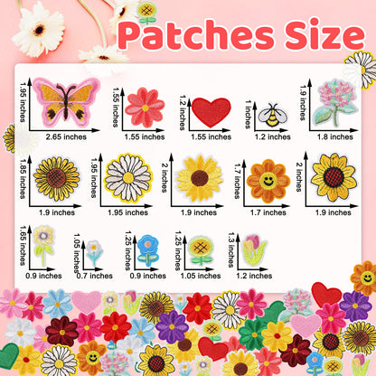 NICEVINYL Random Iron on Patches for Clothing: 120PCS Flower Heart Patch Iron on Cute Butterfly Embroidered Sew Applique Repair Patches for Jeans Jackets Backpacks
