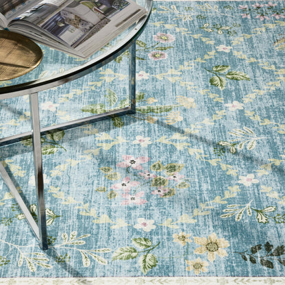 EVERWASH Haven Floral Trellis Machine Washable Area Rug with Airflo Technology for Easy Clean, Ultra-Soft Non-Slip Rug with Built-in Pad, Pet, Family & Allergy Friendly, Blue, 2'6"x7'