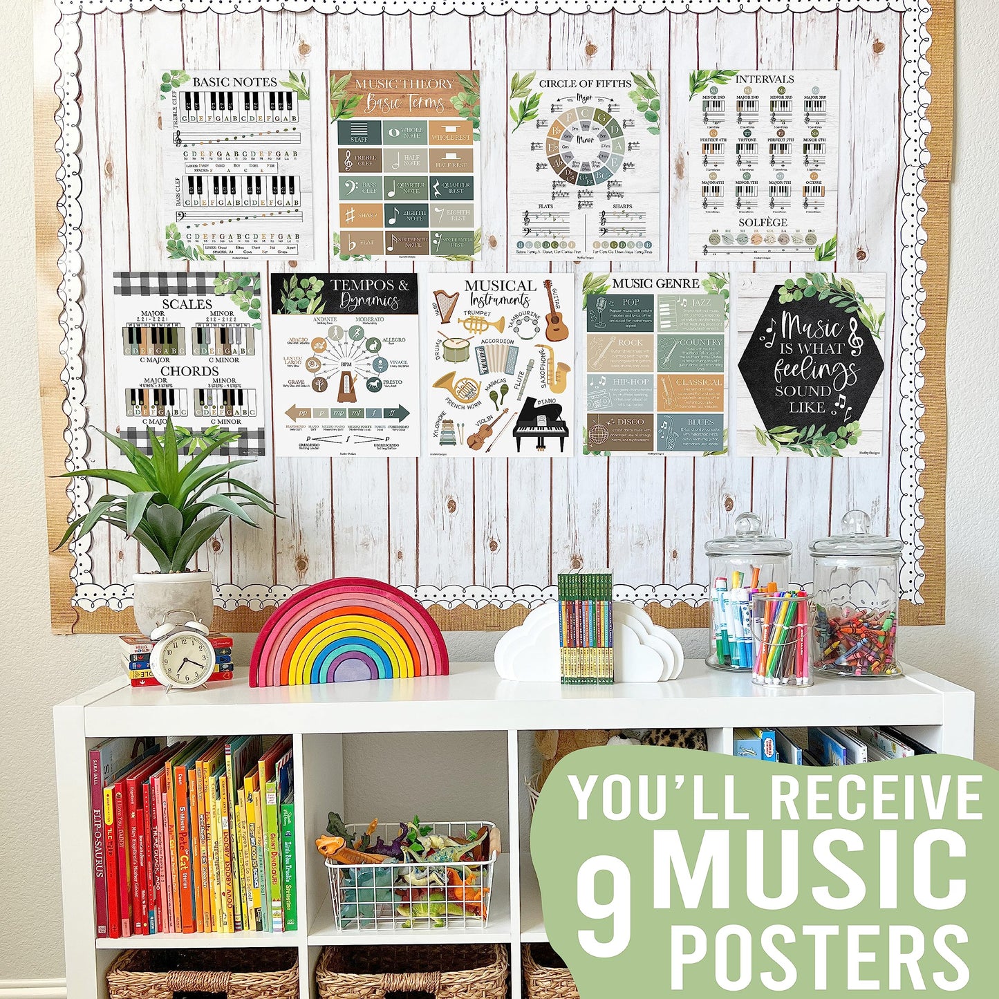 Hadley Designs Music Classroom Decor –9 Music Classroom Posters Elementary, Choir & Solfege Posters, Solfege Hand Signs & Musical Instruments Bulletin Board Decorations, Farmhouse Teacher Must Haves