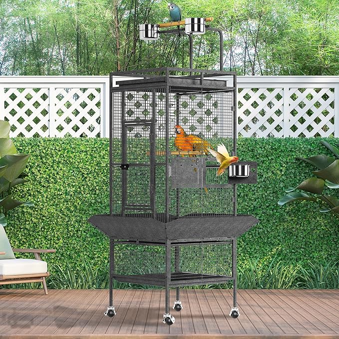 61 Inch Metal Bird Cage with Stand Large Rolling Parrot Cages with Play Top Seed Catcher Removable Tray Parrot Cage for Lovebirds Cockatiels Pigeon Finches, Black