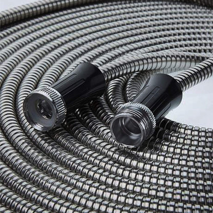 BIONIC STEEL 100 Ft Metal Garden Hose with Sprayer Nozzle, Non Kinking Designed Stainless Steel Heavy Duty Water Hose 100 Ft x 5/8 in. Flexible NON Expandable for Uninterrupted Water Flow, 500 PSI