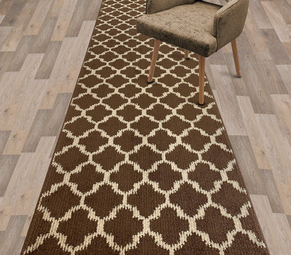 Custom Size Cut to Length Moroccan Trellis Design Runner Rug Mat For Wide Long Hallways with Non-Slip Rubber Backing, Better Traction for Pets, Prevent Slippage, Trellis Brown, 31 inch X 7 feet