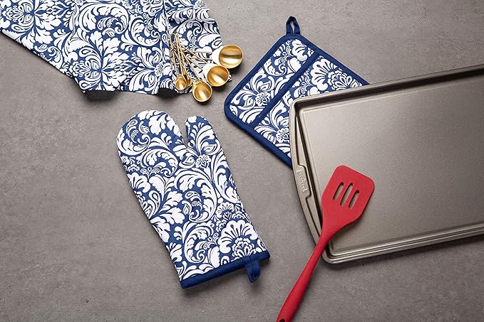 DII Cotton Dish Towel Set Damask Print, Nautical Blue