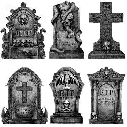 Graveyard Halloween Decorations Outdoor Tombstones: 6ct Large Tombstone Halloween Yard Signs with Stakes, 16" Realistic Scary Skeleton RIP Gravestones Lawn Cemetery Decor Outside for Kids Home Party