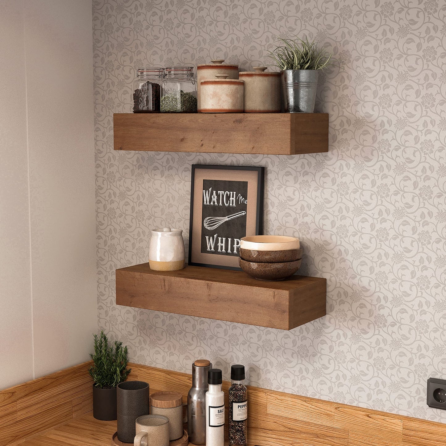 ROOREVO Wall Floating Shelves, Rustic Wood Wall Shelf Handmade - Wooden Shelves for Bathroom Kitchen Livingroom(Light Walnut, 17 Inch - 2 Pack)