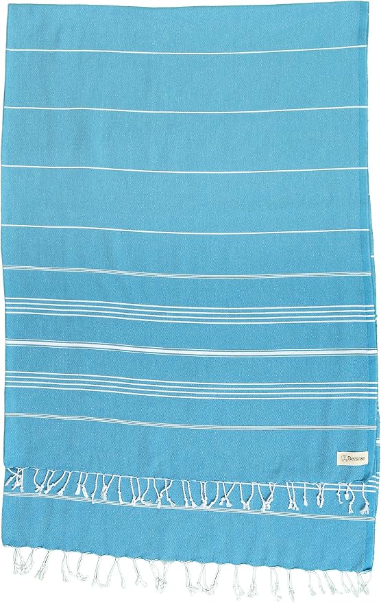 Bersuse Towels Anatolia XL Beach Blanket Throw Blanket Turkish Towel 100% Cotton Extra-Large Quick-Dry Lightweight Premium Peshtemal Towel - 61x82 Inches, Sea Blue