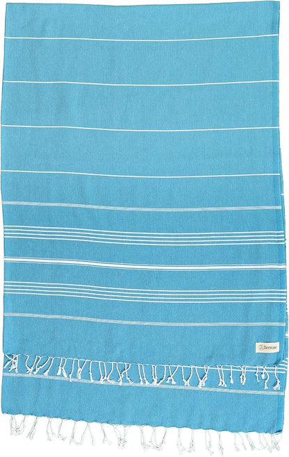 Bersuse Towels Anatolia XL Beach Blanket Throw Blanket Turkish Towel 100% Cotton Extra-Large Quick-Dry Lightweight Premium Peshtemal Towel - 61x82 Inches, Sea Blue