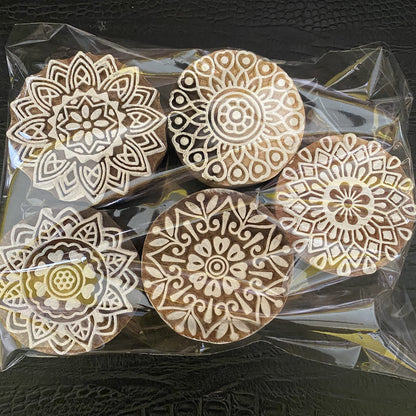 AnNafi® Traditional Mehendi Pattern Mandala and Round Wood Block Stamps (Set of 5) | Round Wooden Printing Block Stamp - DIY Henna Fabric Textile Paper Clay Pottery Block Printing Stamp