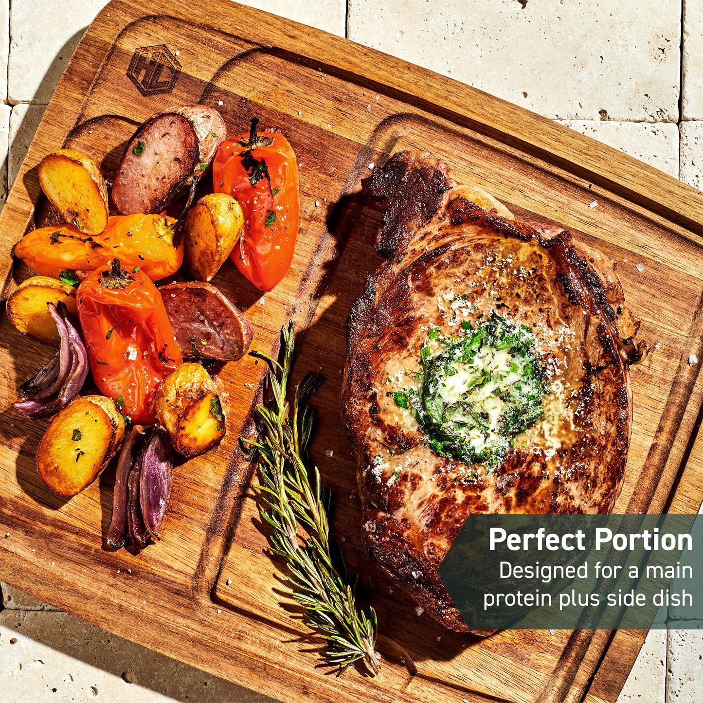 HexClad 4-Piece Bistecca Wooden Steak Plate Set with Juice Channel for Meats, Stackable Design with Straight Edges and Completely Flat Base, Easy to Clean, Lightweight and Durable