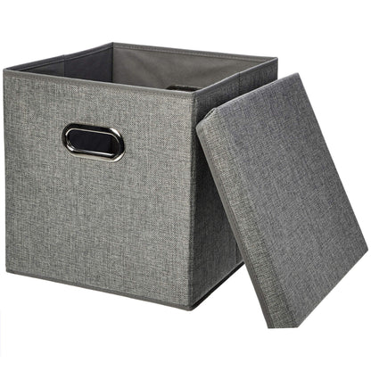 Amazon Basics Foldable Burlap Cloth Cube Storage Bins with Lid, Collapsible Organizing Containers, Stackable and Sturdy, Gray, Set of 2