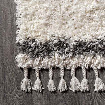 JONATHAN Y Mercer Shag Plush Tassel Cream/Gray Indoor Area Rug, 5x8, Moroccan Geometric Trellis, Bohemian, Easy-Cleaning for Living Room, Bedroom, Kitchen, Pet Friendly, Non-Shedding (MCR103B-5)