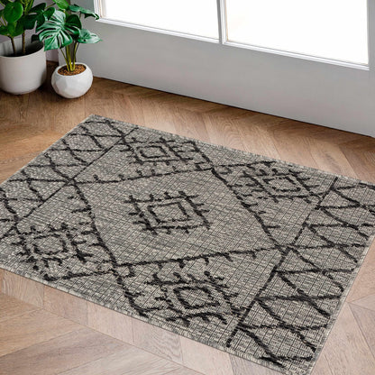 BoutiqueRugs Indoor/Outdoor Black Diamond 12ft Runner Rug Bohemian Taupe White Charcoal Tribal Trellis Marwood Hallway Kitchen Corridor Stairway Laundry Room 2'7" x 12' Stain Resistant Non-Shedding