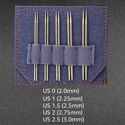 Lykke Flight 3.5 in. Mini Set US Sizes 0, 1, 1.5, 2, 2.5 Interchangeable Circular Knitting Needles for Lace, Fingering, Sock, Baby Yarn, Stainless Steel, 3 Cords, Denim Case, Project Bag
