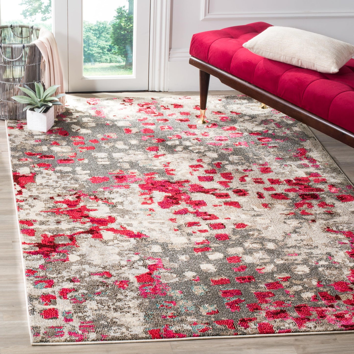 SAFAVIEH Monaco Collection Area Rug - 6'7" x 9'2", Grey & Fuchsia, Boho Chic Abstract Watercolor Design, Non-Shedding & Easy Care, Ideal for High Traffic Areas in Living Room, Bedroom (MNC225R)