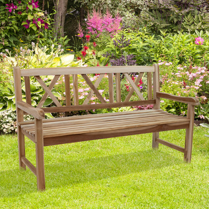 Sunnydaze 2-Person Outdoor Bench for Front Porch or Park - Wooden Teak Patio Garden Bench with Backrest - 675 lb Weight Capacity - Crossback