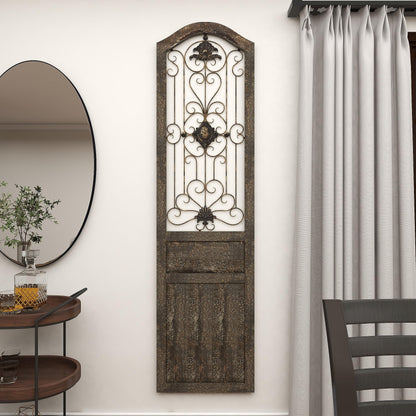 Deco 79 Wood Scroll Home Wall Decor Distressed Door Panel Wall Sculpture with Metal Wire Details, Wall Art 19" x 1" x 72", Brown