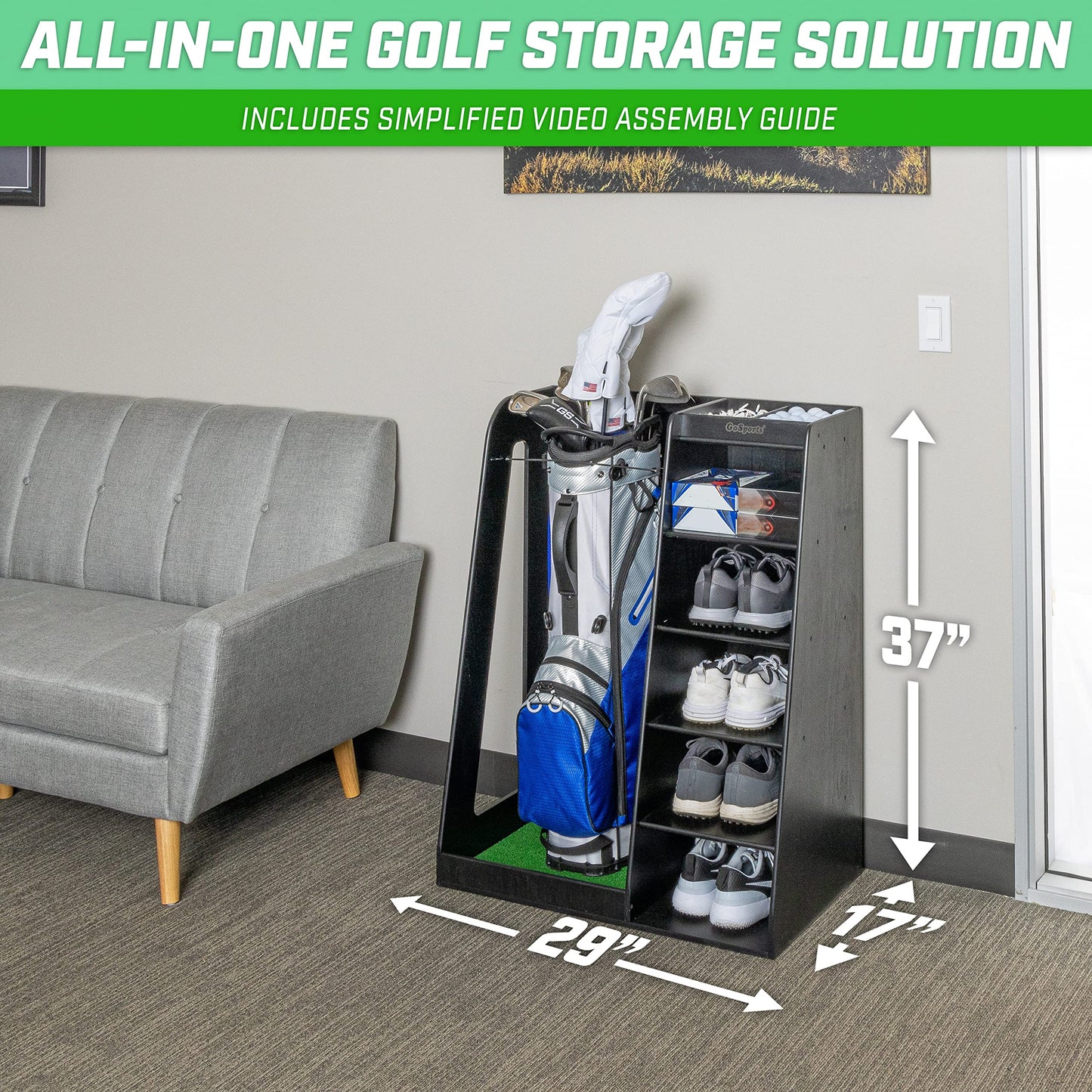 GoSports Premium Wooden Golf Bag Organizer and Storage Rack - Black