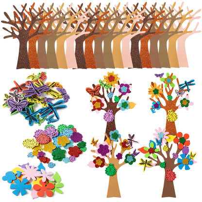 JAPBOR 86PCS Spring Tree Foam Craft Sticker, Springtime Glitter Flower Leaf Butterfly Self Adhesive Stickers, Make Your Own Spring Trees Party Decoration for Art Fun Home Classroom Activities