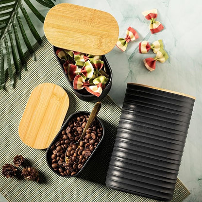 Mixpresso Black Canisters Sets for the Kitchen – 3-Piece Airtight Plastic Sugar Container Set with Bamboo Lids in Three Different Sizes – Decorative Modern Storage Jars for Coffee, Tea & Countertops