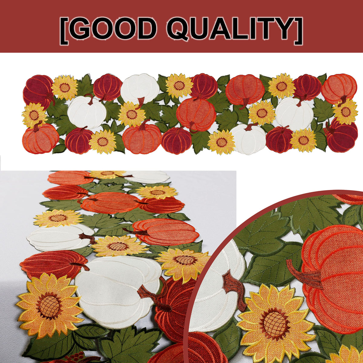 OWENIE Thanksgiving Table Runner, Pumpkin Fall Table Runner, Fall Decor for Home with Harvest Sunflowers Pumpkins, Cutwork Applique Embroidered Centerpieces, 13 Inch x 54 Inch, Orange