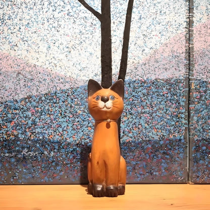 AHZGBL Wooden Cat Figurine, Hand Carved Solid Wood Cat Statue from Thailand, Handcrafted Home Art Decor for Living Rooms, Entryways, Restaurants, Bars, Cafes, Offices, Gift for Cat Lovers(Sitting Cat)