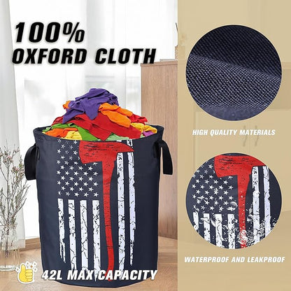 American Flag Red Line Ax Laundry Basket Firemen Foldable Oxford Cloth Funny