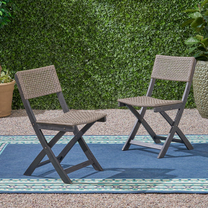 Christopher Knight Home Truda Patio Acacia Wood Foldable Bistro Chairs Set of 2, Wooden Folding Outdoor Dining Chair Set, Wicker Armless Chair for Bistro Set, Fully Assembled Garden Seating, Dark Grey