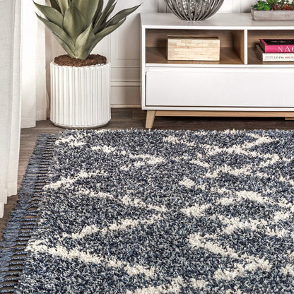 JONATHAN Y Mercer Shag Plush Tassel Blue/Cream Indoor Area Rug, 8x10, Moroccan Geometric Trellis, Contemporary, Easy-Cleaning for Living Room, Bedroom, Kitchen, Pet Friendly, Non-Shedding (MCR102A-8)