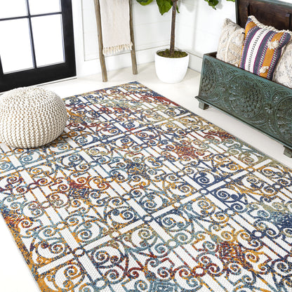 JONATHAN Y Ornate Trellis Indoor Outdoor Area Rug 3X5 Cream/Blue/Orange, Cetara for Backyard, Patio, Porch, Easy-Cleaning, High Traffic, Pet-Friendly, Non-Shedding (AMC111A-3)